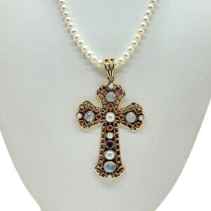 Nicky Butler Bronze Gemstone Cross Pendant Freshwater Pearl Necklace